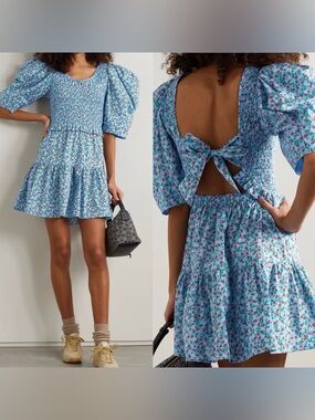 Sea New York Lilly Smocked Cotton Floral Mini Dress Light Blue Puff Sleeve Sz S